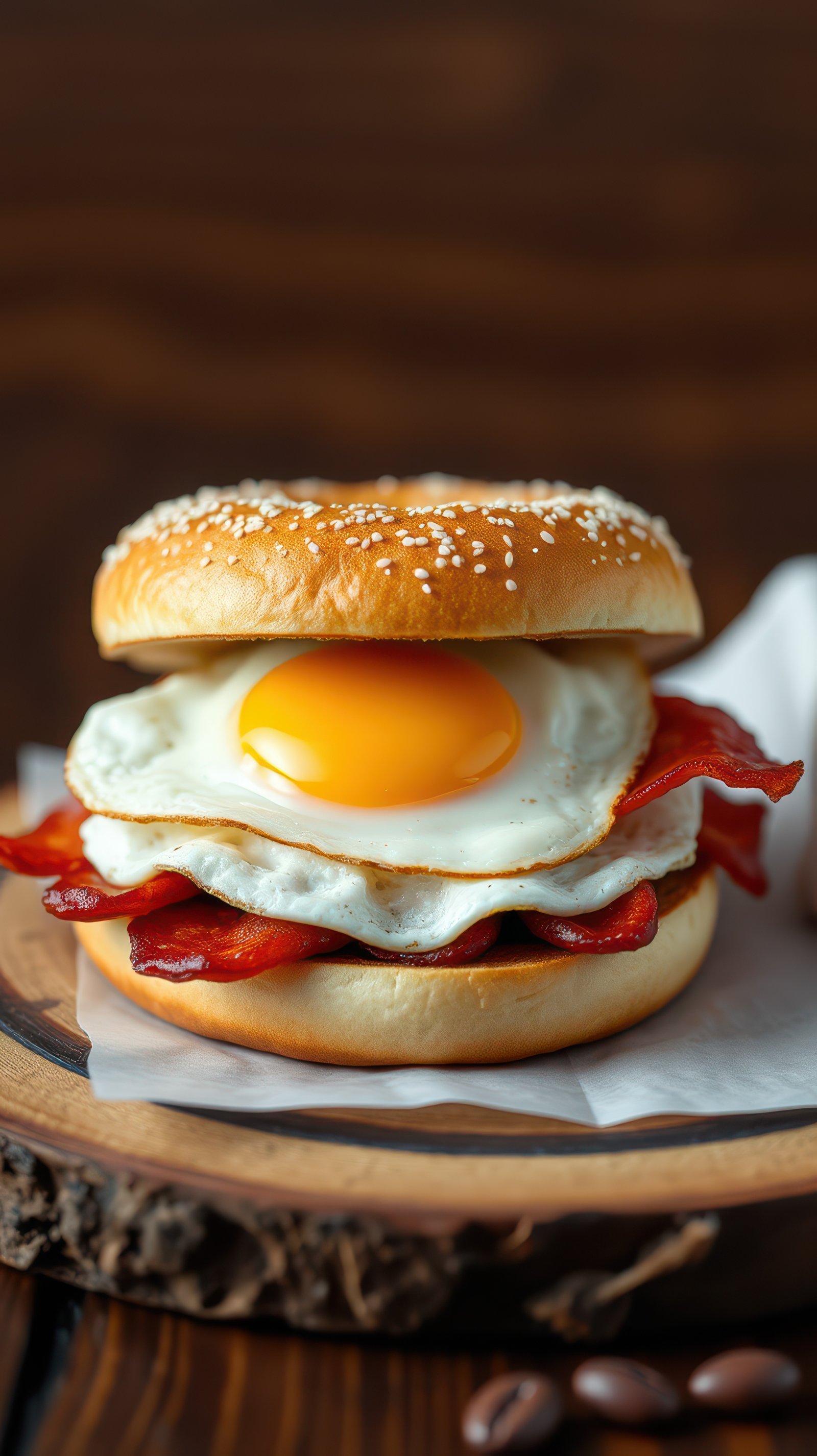 Delicious breakfast sandwich with crispy bacon and a sunny-side-up egg on a wooden plate